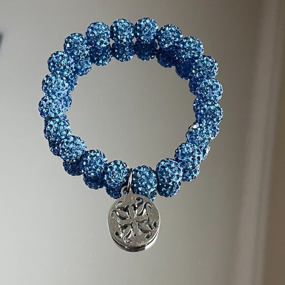 Rustic Cuff Metal Stainless Steel Shambala Beaded Stretch Bracelet Lt Blue - Picture 3 of 3